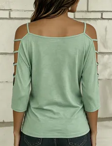 Detailed back view of a casual mint green cold-shoulder T-shirt with 3/4 length sleeves