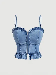 Γυναικείο Casual Denim Τοπ με Βολάν Στενή Εφαρμογή Πλυμένο Denim Tank Top με Φερμουάρ Μπροστά Σέξι Streetwear Τοπ