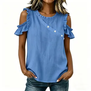 Women's Fashion Cold Shoulder Ruffle Sleeve Top Polyester Solid Color Button Decoration Casual T-Shirt Elegant Summer Blouse Top
