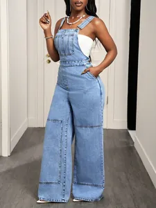 Salopette décontractée en jean bleu clair avec jambe large et poche avant