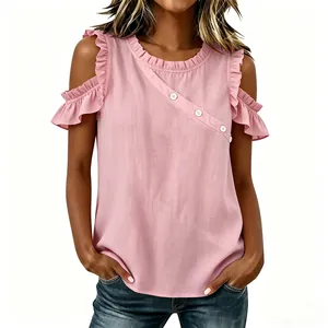 Elegant pink cold-shoulder chiffon blouse with ruffle sleeves and button detail
