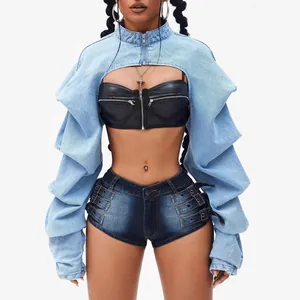 Streetwear ultra-short denim shrug jacket with ruffled sleeves and high neck zipper