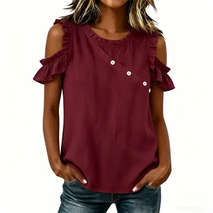 Elegant burgundy cold shoulder top featuring ruffle sleeves and decorative buttons for women
