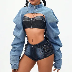 Trendy streetwear cropped blue denim shrug jacket featuring zipper and puffy sleeves