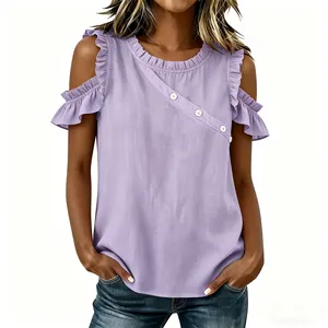 Elegant women's lavender cold shoulder top with ruffle trim and diagonal button detail