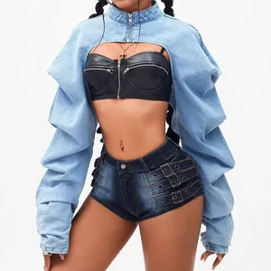 Fashionable ultra-short light blue denim shrug jacket for edgy street style outfits