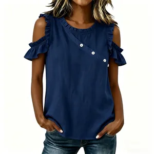 Elegant navy blue cold shoulder blouse featuring ruffles and chic diagonal buttons
