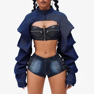 Trendy cropped blue denim jacket with ruffled sleeves and stand collar for women.