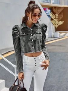 Veste en jean courte élégante pour femme avec manches bouffantes et col à revers classique