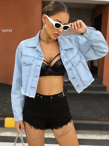 Stylish cropped light blue denim jacket with frayed hem and silver buttons for women.