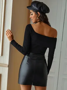 Back view of high-waisted black PU leather mini skirt with unique irregular hemline
