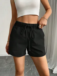 Schwarze Jeans-Shorts für Damen mit elastischem Bund und verstellbarem Kordelzug