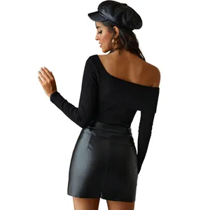 Elegant high waist black PU leather mini skirt for women with stylish irregular hem