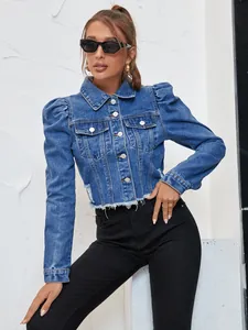 Veste en jean à revers avec manches bouffantes et ourlet brut, style mode occidentale