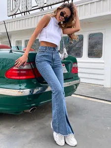 Elastische flared denim jeans met hoge taille, rafelrand en stijlvolle zijsplit