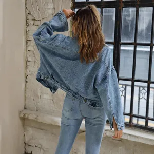 Retro oversized blue denim jacket for women with large pockets and matching slim fit denim jeans