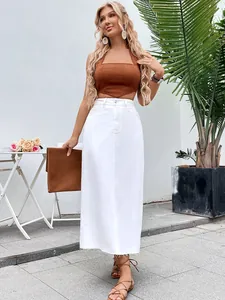 Elegant high-waisted white denim A-line midi skirt with stylish frayed hem detail