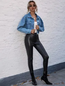 Stylish loose-fit cropped blue denim jacket for women, perfect for autumn street wear