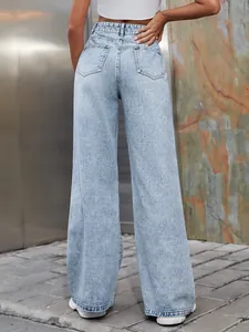 Jeans en denim à jambe large et taille haute pour femmes, délavage clair, vue de dos