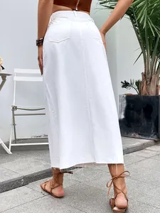 Back view of stylish high-waisted white denim A-line skirt with frayed hem details