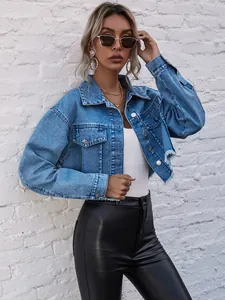 Stylish short loose blue denim jacket for women featuring modern frayed hem details