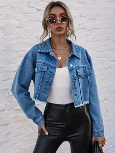 Stylish blue cropped denim jacket featuring frayed hem and long sleeves for women