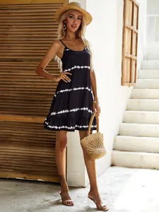 Summer tie-dye slip dress with ruffle hem and sleeveless vacation style for women