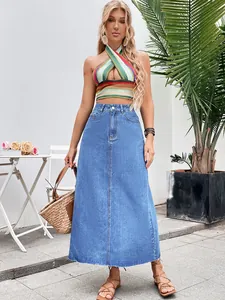 High-waisted A-line denim maxi skirt with raw hem for women in casual summer style