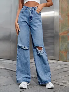 Jean mode taille haute déchiré à jambes larges pour femmes dans un délavage bleu clair vintage