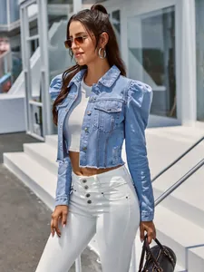 Veste en jean courte bleu clair décontractée avec manches bouffantes pour femmes