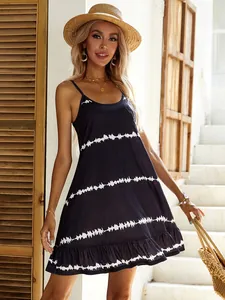 Sexy navy blue camisole dress with white ripple stripes for summer holiday vacation.