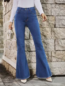 Stijlvolle blauwe flare jeans met hoge taille en vintage onafgewerkte zoom voor dames