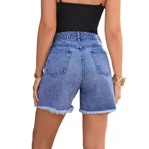 Short en jean bleu à taille haute pour femme avec ourlet effiloché élégant, vue arrière