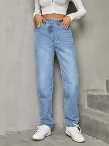 High-waisted loose fit light blue denim jeans for women streetwear style