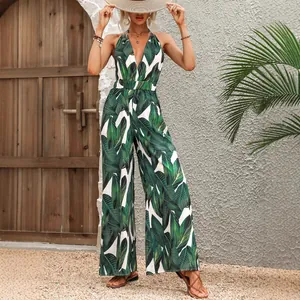 Ärmelloser Jumpsuit mit tropischem Blattmuster und V-Ausschnitt für den Sommerurlaub