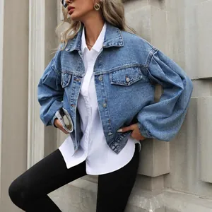 Giacca di jeans corta con maniche a sbuffo da donna, stile street casual e cool