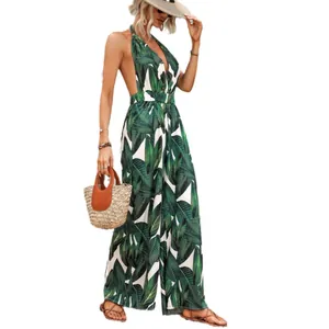Sexy Jumpsuit mit tropischem Blattmuster, Neckholder und offenem Rücken für den Urlaub