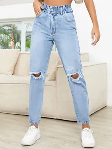 Trendy high-waisted light blue ripped straight-leg jeans for a casual streetwear look