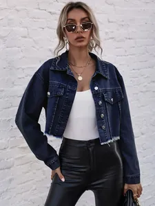 Stylish dark blue cropped denim jacket featuring raw hem and metal buttons detail.