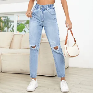 Women Casual Light Blue Cotton Denim Jeans High Paperbag Waist Ripped Distressed Straight Leg Trousers Streetwear Bottom