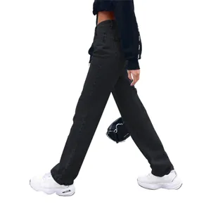 Western style high waist black straight leg denim pants for women on white background