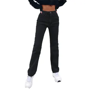 Minimalist high-waist black straight-leg denim jeans for women's fashion outfits