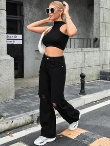 Jean décontracté taille haute pour femme noir avec déchirures et jambes larges
