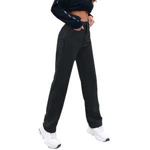 High-waisted black denim straight-leg jeans for women with a stylish minimalist design