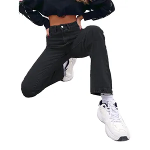 Women's high-waisted black straight-leg denim jeans in a trendy fashion style