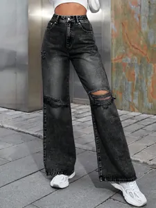 Jean femme taille haute à jambes larges et déchirures en denim délavé noir vintage