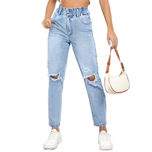 Light blue high-waisted ripped straight-leg jeans for women with distressed details