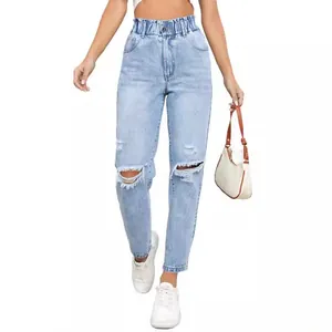 Stylish women's light blue ripped straight-leg jeans featuring an elastic paperbag waist