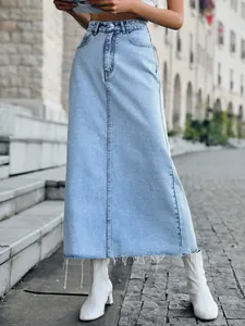 High waisted A-line denim maxi skirt with raw hem detail for women