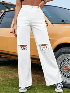 Jean blanc taille haute pour femme avec jambes larges et genoux déchirés tendance